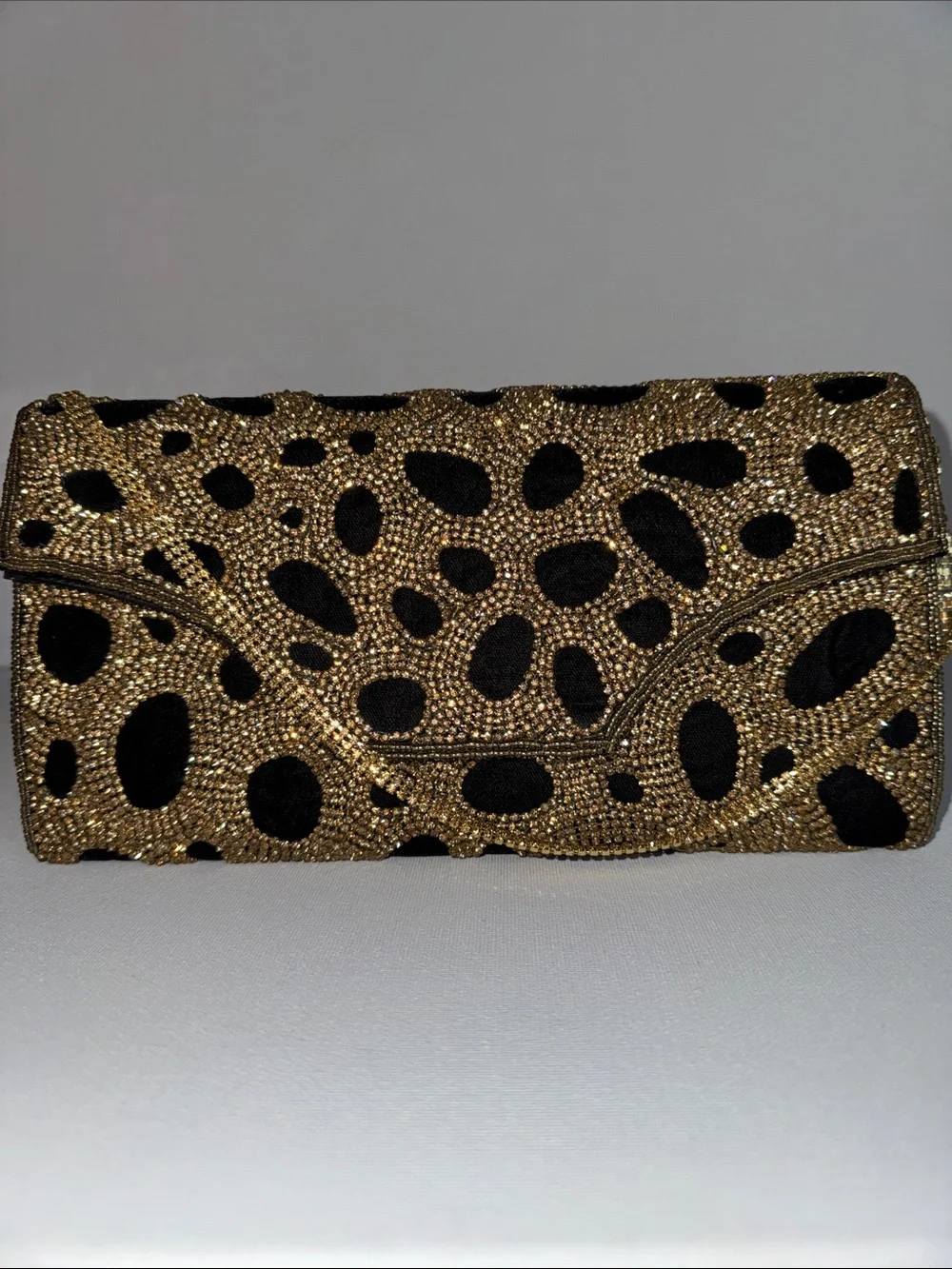 Vintage Glam Beaded Leopard Print Clutch – Gold Rhinestone Evening Bag